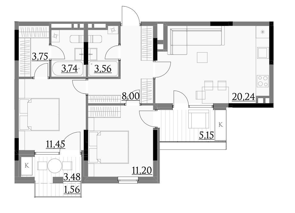 Планировка 2-комнатной квартиры La Torre Village площадью 72,13 м²