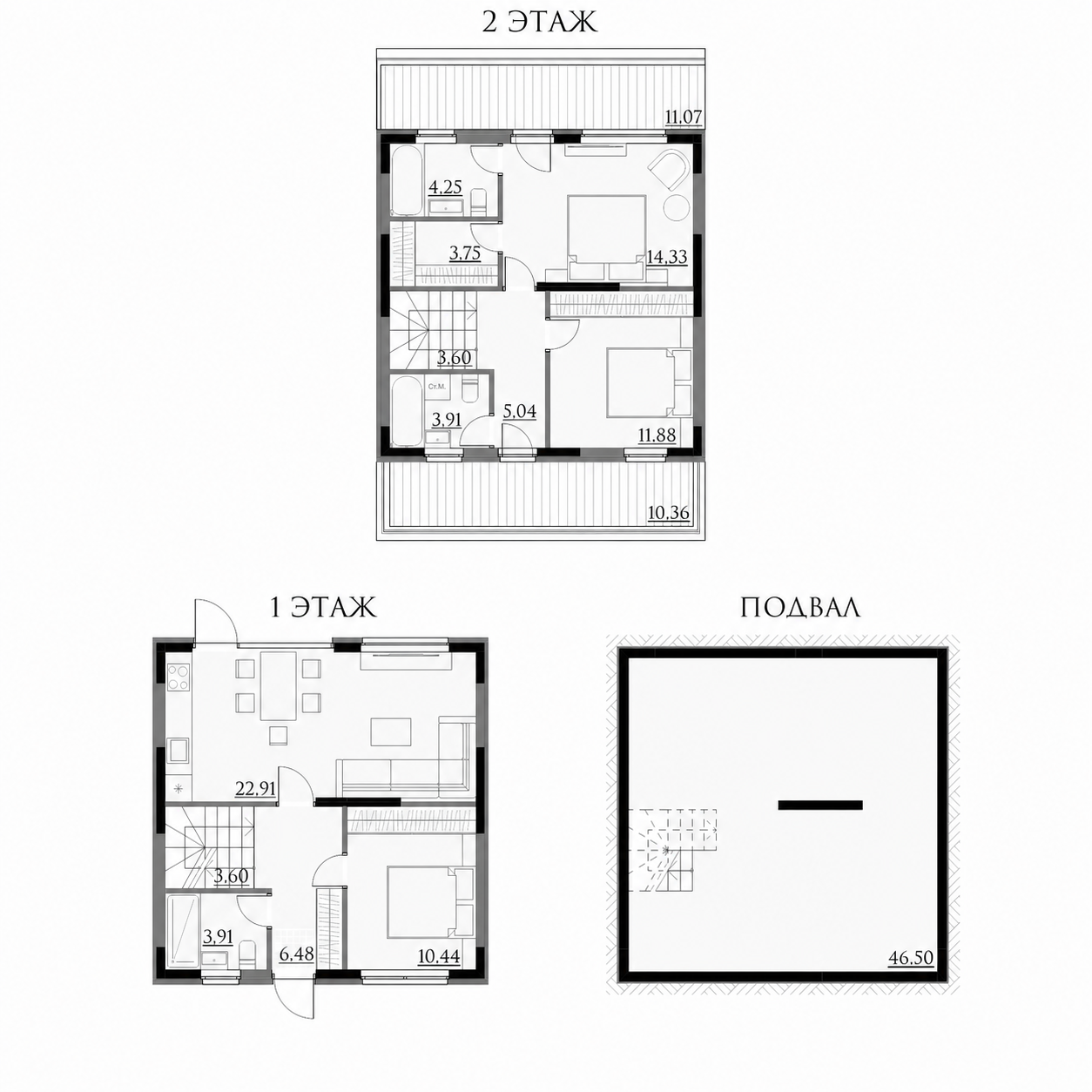 Планировка двухэтажного таунхауса La Torre Village с подвалом, общая площадь 162,03 м²